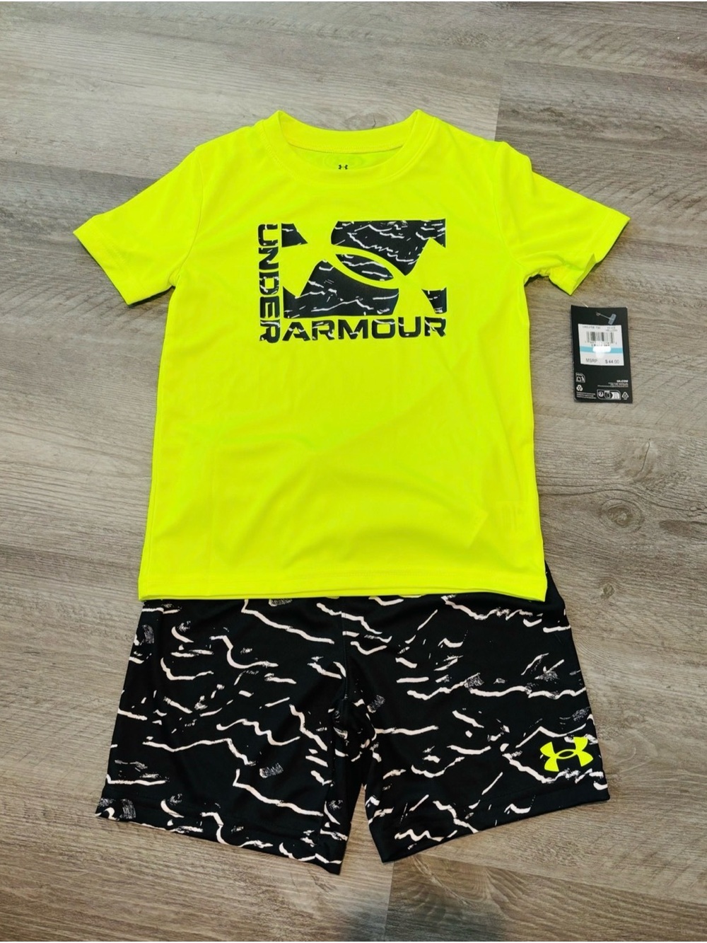 NEW Under Armour Activewear athletic Neon Yellow logo Tee with Black Shorts